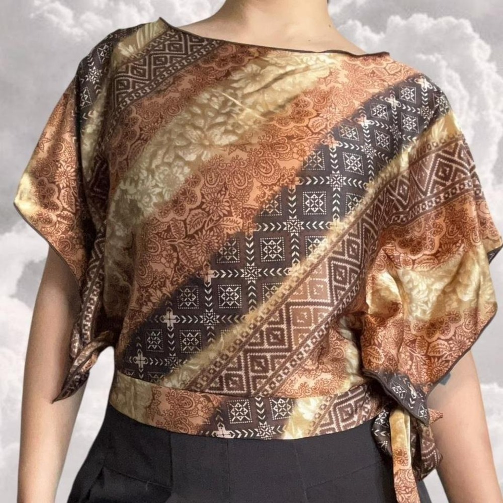 Y2K Bohemian Brown Satin Batwing Flowy lightweight Blouse